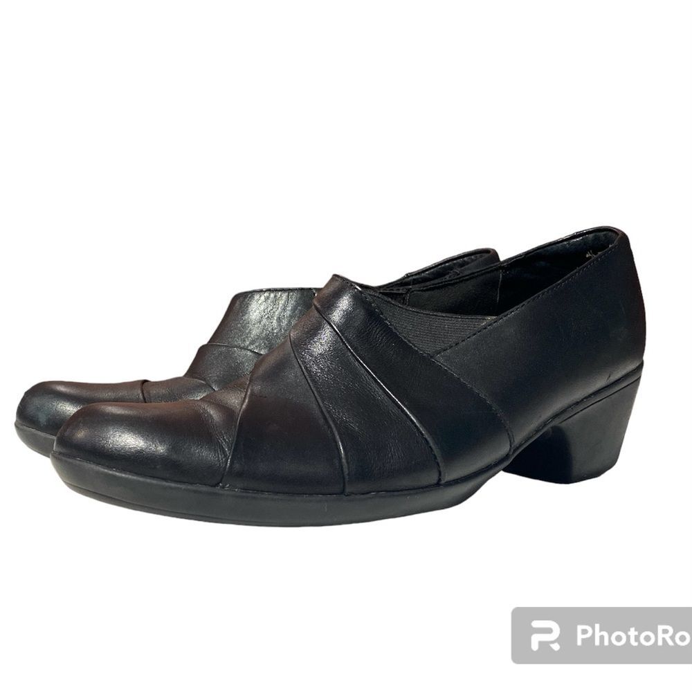 Clarks Ingalls Loch Black Leather Pleated Clog Heel Booties Women's Size 9.5M
